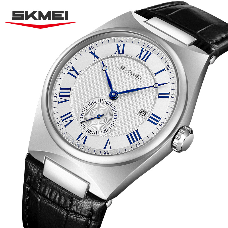 Leather Watch Band Men - นาฬิกาควอตซ์ SKMEI 9390 ดีไซน์หรูหราสำหรับผู้ชาย หน้าปัดแบบโรมัน พร้อมปฏิทิน